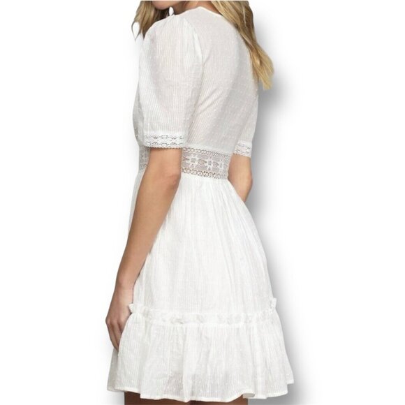 Lulus L White Lace Mini Dress V-Neck Ruffle Hem Bridal Wedding Guest Sundress - Picture 11 of 12